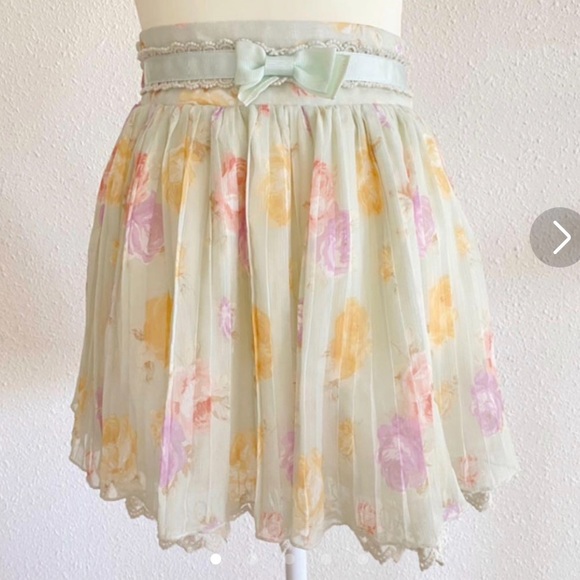 Liz Lisa Japanese Kawaii Pastel Green Floral Pleated Lace Bow Mini Skirt